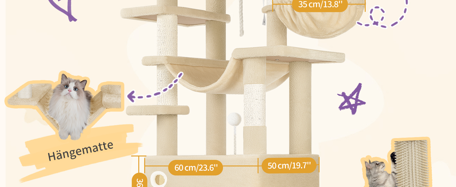 Драбина-кіготь для котів Hzuaneri, 203 см, з великою платформою, 2 печери, 7 кігтеточок, помпони, лежанки, гамак, для всіх порід котів, бежевий MS20318YL XXL (60 x 50 x 203 см)