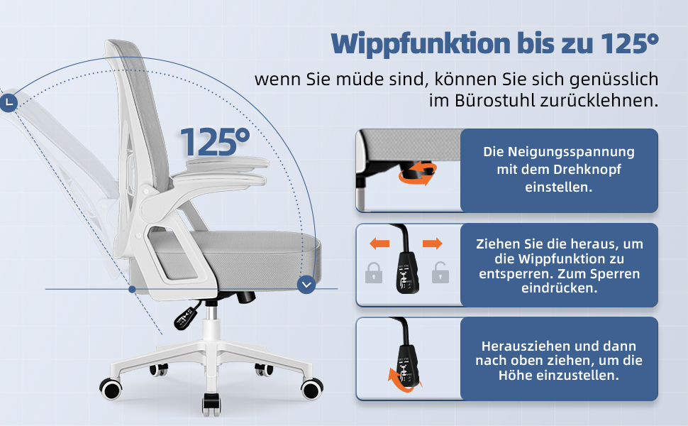 Ергономічне крісло для офісу, крісло для робочого столу з підйомними підлокітниками, регульована поперекова підтримка, офісне крісло для керівника, поворотне крісло, сітчасте крісло з функцією гойдання до 125° (Сірий, без підголівника)