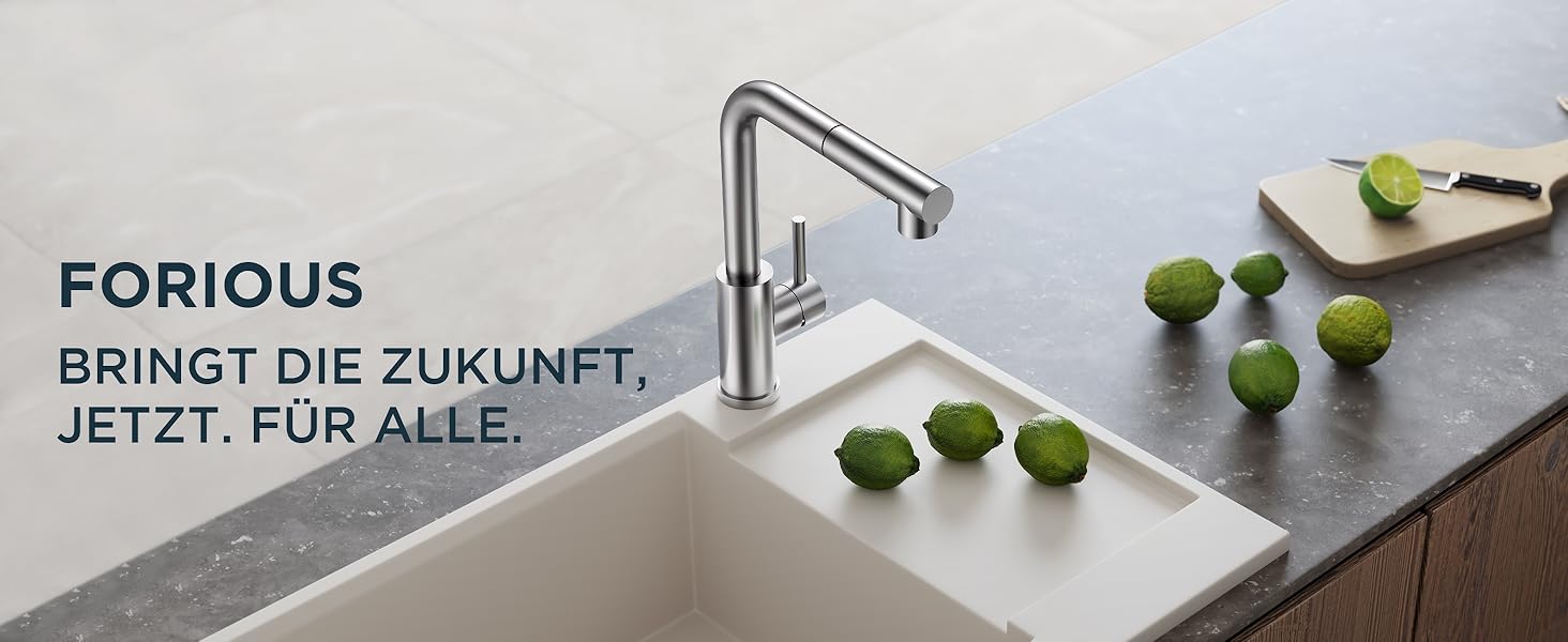 Змішувач кухонний FORIOUS висувний з душем, шланговий, нержавіюча сталь, 360° обертання, 2 режими, L-подібний