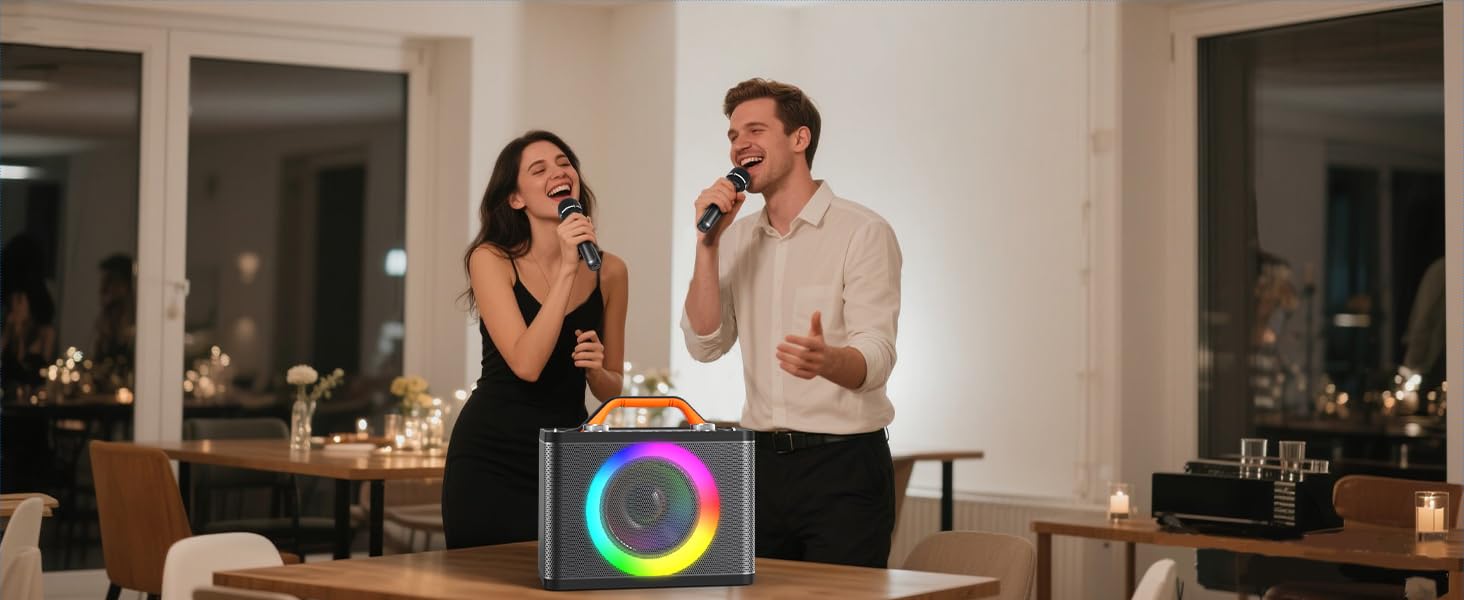 Караоке машина з 2 бездротовими мікрофонами RGB – 5200 mAh, 10 RGB-режимів, незалежне керування, 13 годин відтворення, Hi-Fi звук, підтримка AUX/USB/TF-карт/Coax, чорний