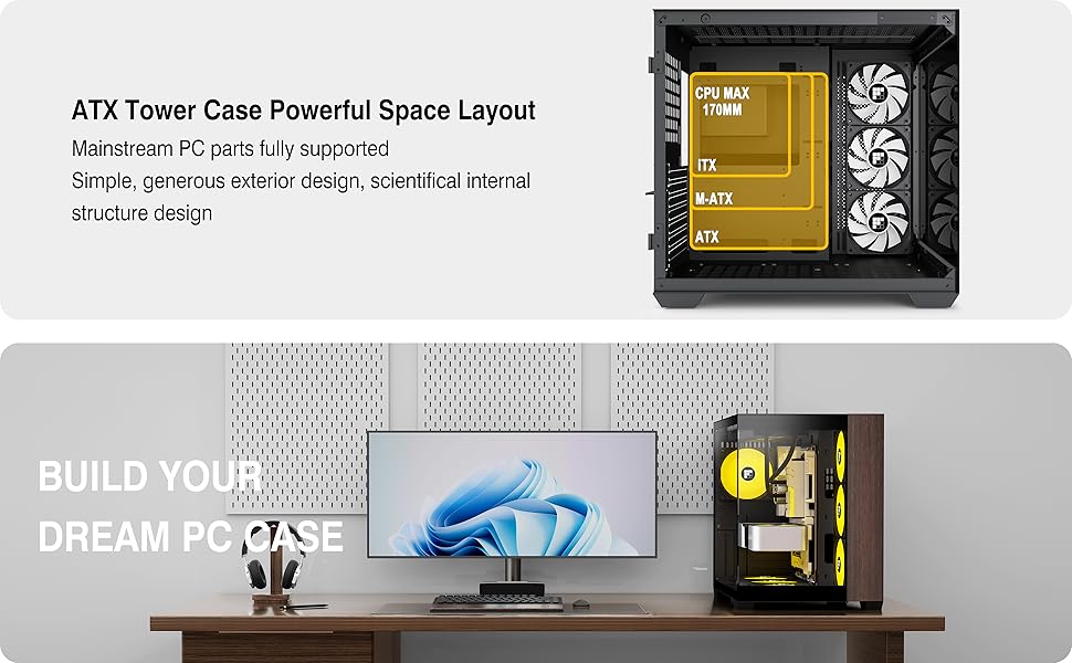 Корпус ПК FOIFKIN M9 з дерев'яною передньою панеллю з горіха, 3 вентилятори PWM ARGB, ATX Mid-Tower для геймінгу, 270° панорамне скло, порт Type-C (Чорний, M9)
