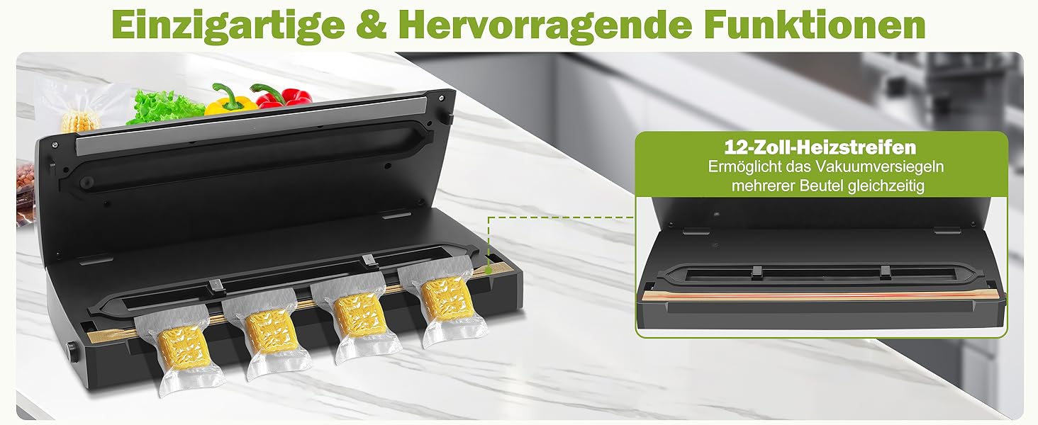 Вакуумний пакувальник KLGFI 7-в-1: професійний апарат для пакування продуктів з подвійною зварювальною швом, з нарізкою та цифровим лічильником. У комплекті 50 вакуумних пакетів. Чорний колір.