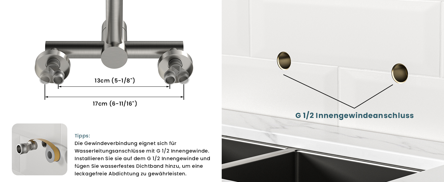 Змішувач кухонний настінний DAYONE з висувною лійкою, нержавіюча сталь, 3 режими, 360° обертання, відстань між отворами 15 см, матовий