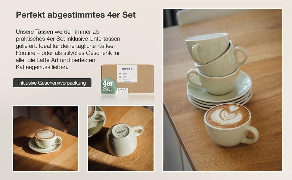 Набір кавових чашок Barista Pro Cappuccino 200мл - 4 шт. Преміум якість, ручна робота, з підставками. Кераміка Steingut.