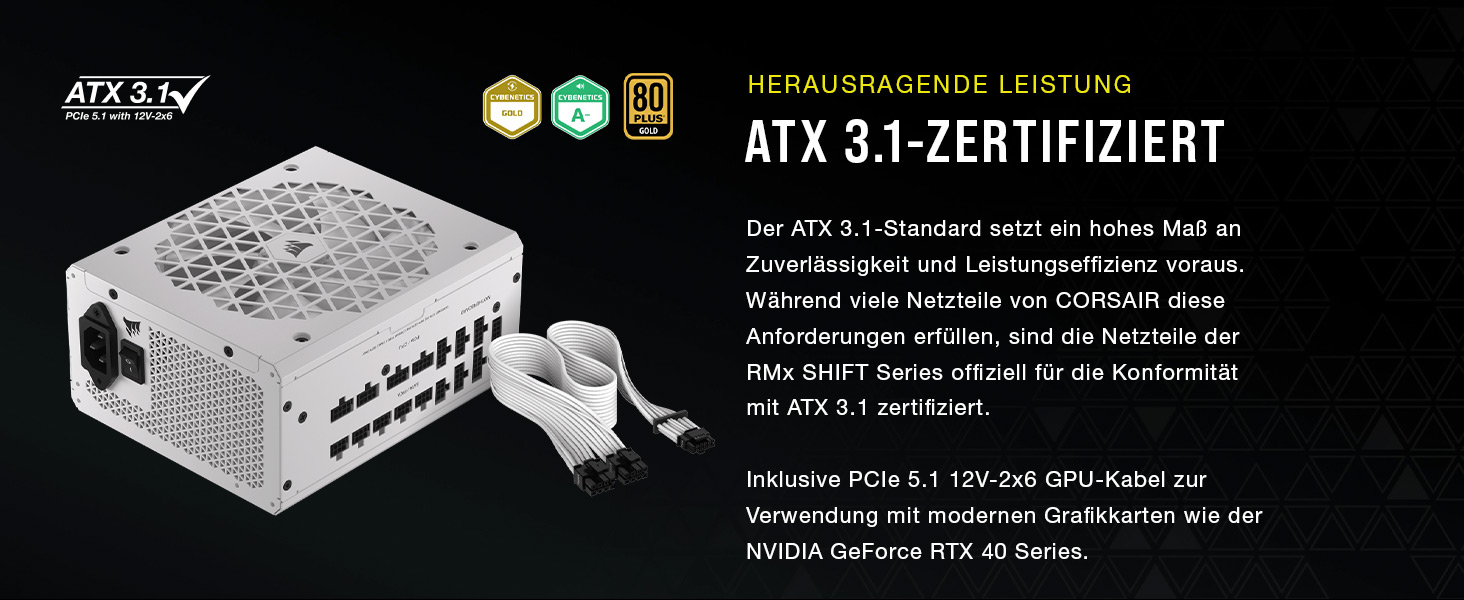 Блок живлення Corsair RM1000x Shift 1200W, повністю модульний, ATX 3.1 & PCIe 5.1, 80 Plus Gold, білий