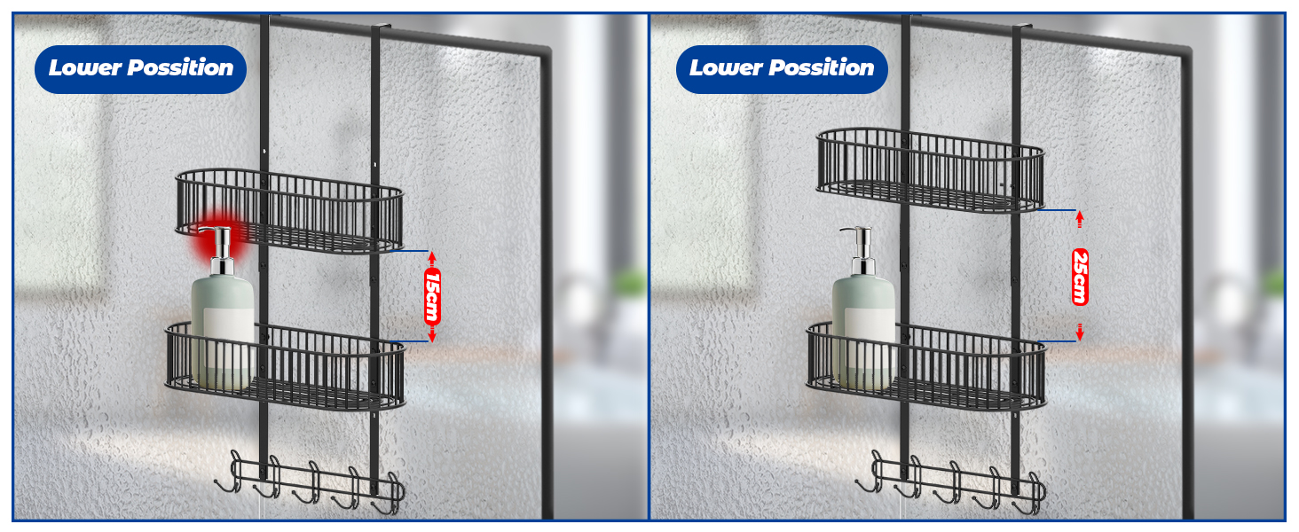 Настінна поличка для душу AIGOCITY без свердління, чорна, для скляних душових кабін, з 3 гачками, регульована висота, для шампуню та гелю для душу