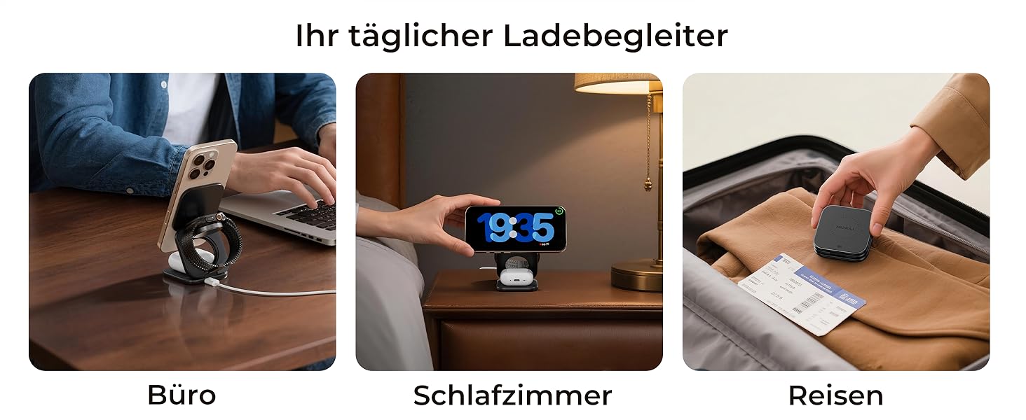 Зарядна станція KU XIU X40 Turbo Qi2.2 25W 3-в-1 для iPhone 17/16/15/14/13/12, Apple Watch та AirPods, складна бездротова зарядка, алюмінієвий адаптер GaN 45W (Чорний)