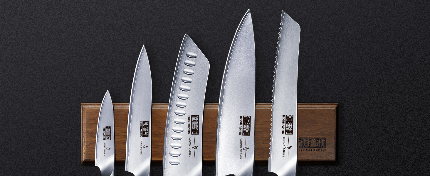 Набір кухонних ножів HOSHANHO 6 шт. з магнітним тримачем, професійний з вуглецевої сталі, ергономічні ручки