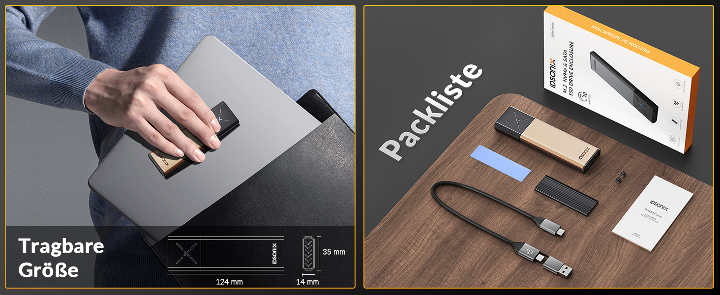 Зовнішній корпус-адаптер iDsonix M.2 NVMe та SATA SSD на USB 3.2 Gen 2 10Gbps, алюмінієвий, без інструментів, підтримка M-Key/B+M Key, UASP Trim, для SSD 2230/2242/2260/2280 (Золотистий)