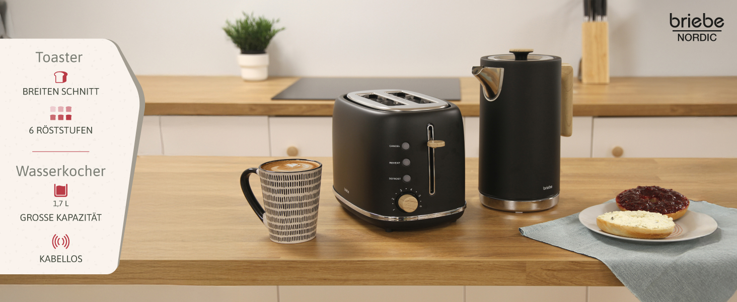 Тостер Briebe Nordic Set з широкими слотами та підставою для бургерів, 6 режимів підсмажування + Електричний чайник 1,7л, 2200W, чорний, набір для сніданку