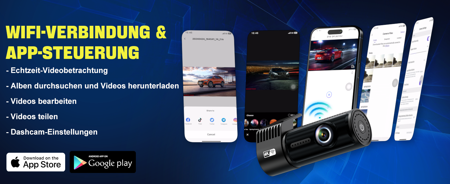 Відеореєстратор AQV Dashcam Auto Vorne und Hinten 4K з WiFi, 64GB SD, G-сенсор, Super Night Vision, 170°+140° Кут огляду, Black-D18