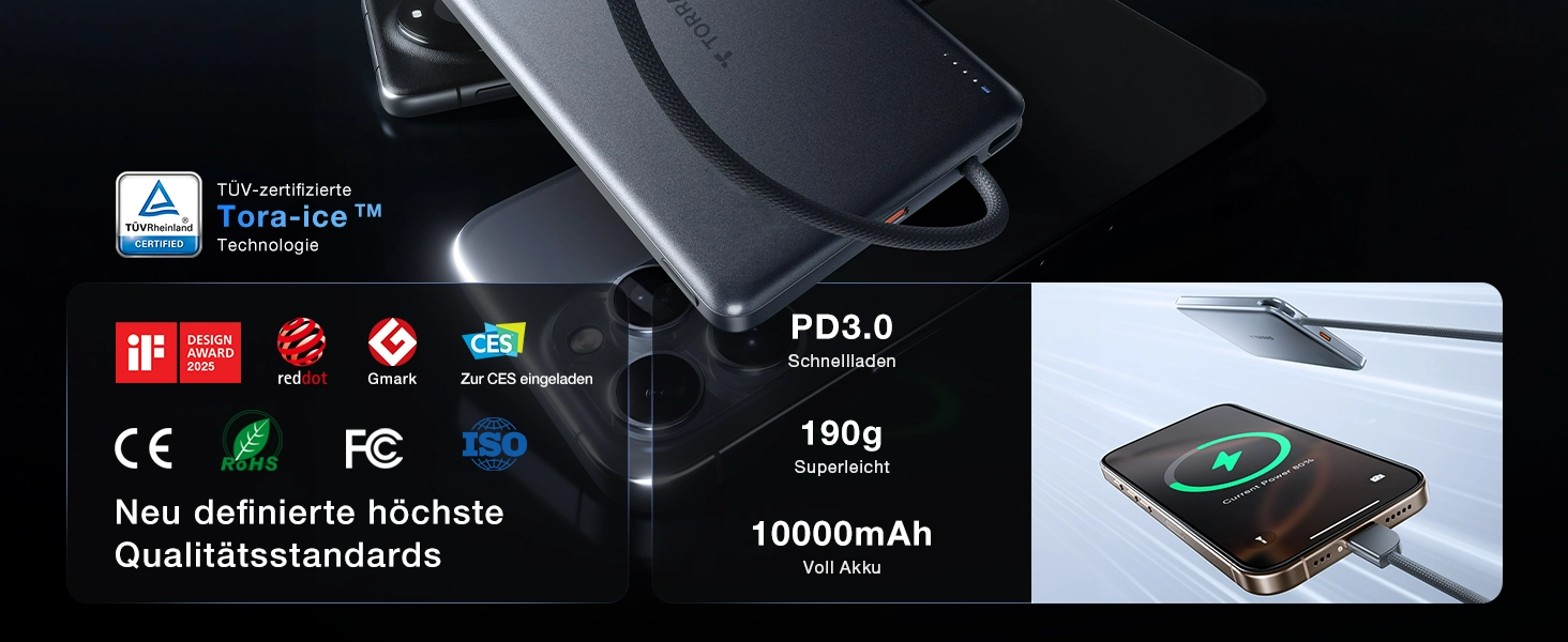 Портативний зарядний пристрій TORRAS 10000mAh з кабелем USB-C, 22.5W PD3.0, білий. Сумісний з iPhone, Samsung, AirPods.