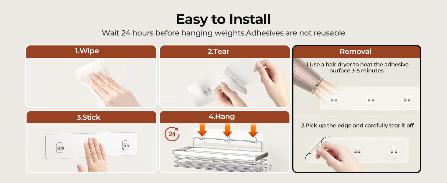 Полка для душу Orimade без свердління з 5 гачками, 2 шт. з нержавіючої сталі, срібло