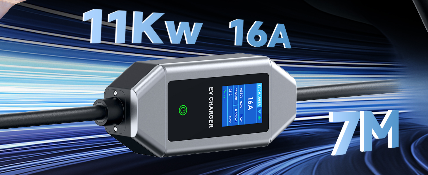Кабель для зарядки електромобіля Type 2 Schuko 3.68kW 6м, з цифровим дисплеєм, регульованим струмом (1-15 годин) та відстроченим стартом