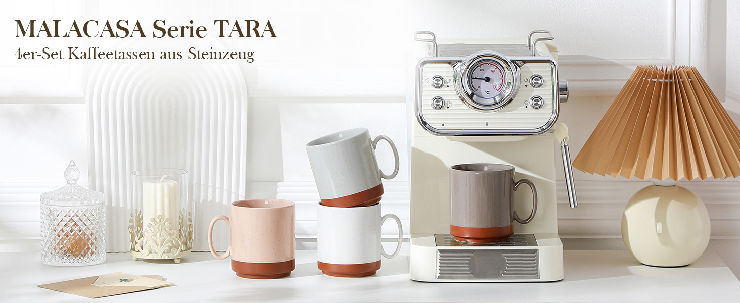 Набір кавових чашок MALACASA TARA Khakiweiß (4 шт.), 350 мл, кераміка, для кави, чаю, соку, лате, капучино, какао, безпечні для миття в посудомийній машині та використання в мікрохвильовій печі