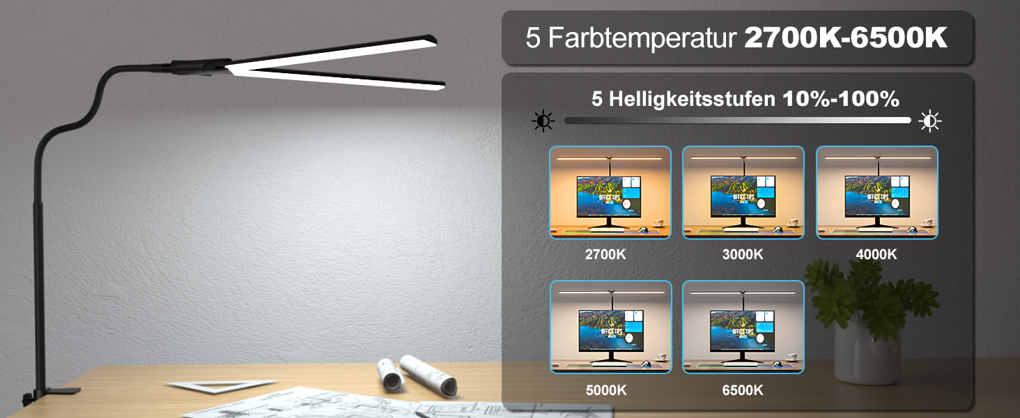 Світлодіодна лампа настільна для офісу та дому, світло для монітора, 1400 люмен, регульована яскравість, кріплення-затискач, лампа для робочого місця, гусяча шия, подвійний насадки, 5 режимів кольору та рівнів яскравості, білий колір (чорний, 80 см)
