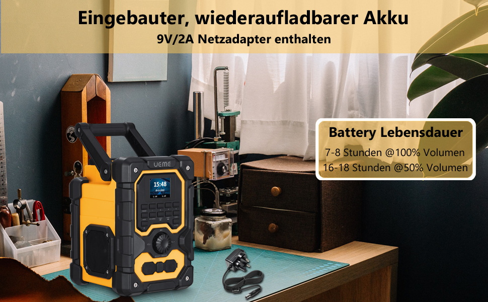 Радіо для будівельного майданчика DAB+ FM з Bluetooth 5.0, 16W стерео, акумулятор 8000mAh (18h), USB зарядка, Aux, вологозахист, пилозахист (жовто-чорне)