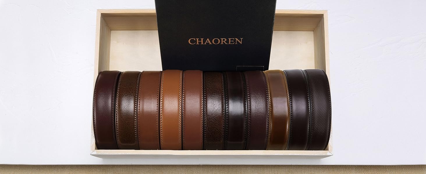 Чоловічий шкіряний ремінь CHAOREN для ділового костюма, 35 мм, без отворів, регульований розмір, смугаста пряжка - темно-коричневий, розмір 90-100 см (загальна довжина 115 см)