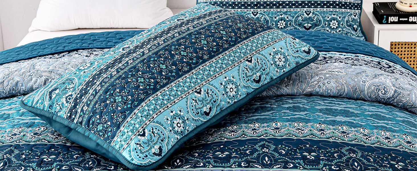 Покривало WONGS BEDDING 220x240 см, стьобане, комплект 3-в-1, мікрофібра, бохо стиль, темно-синє, з 2 наволочками 50x70 см, для двоспального ліжка або дивану
