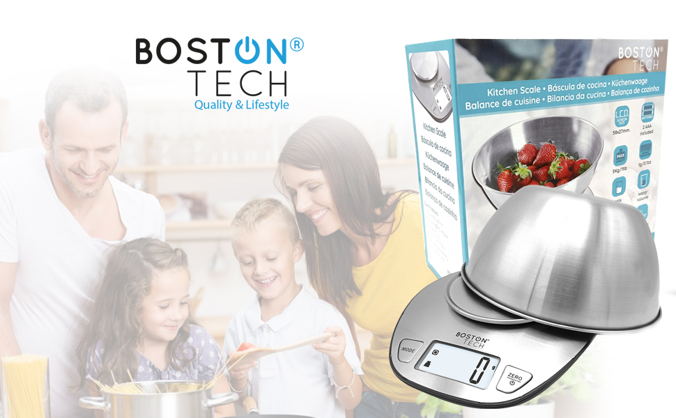 Кухонні ваги Boston Tech Digitale: знімний контейнер, нержавіюча сталь, висока точність, водонепроникність, 5 кг, LCD, функція тарування, рецептурник