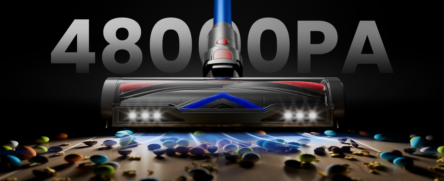 Бездротовий акумуляторний пилосос 48000Pa/580W/65Min, об'єм 1,8L з функцією від'єднання пилу, антизаплутана щітка, 8-ступенева фільтрація. Підходить для килимів, шерсті тварин та твердих поверхонь. Колір: блакитний