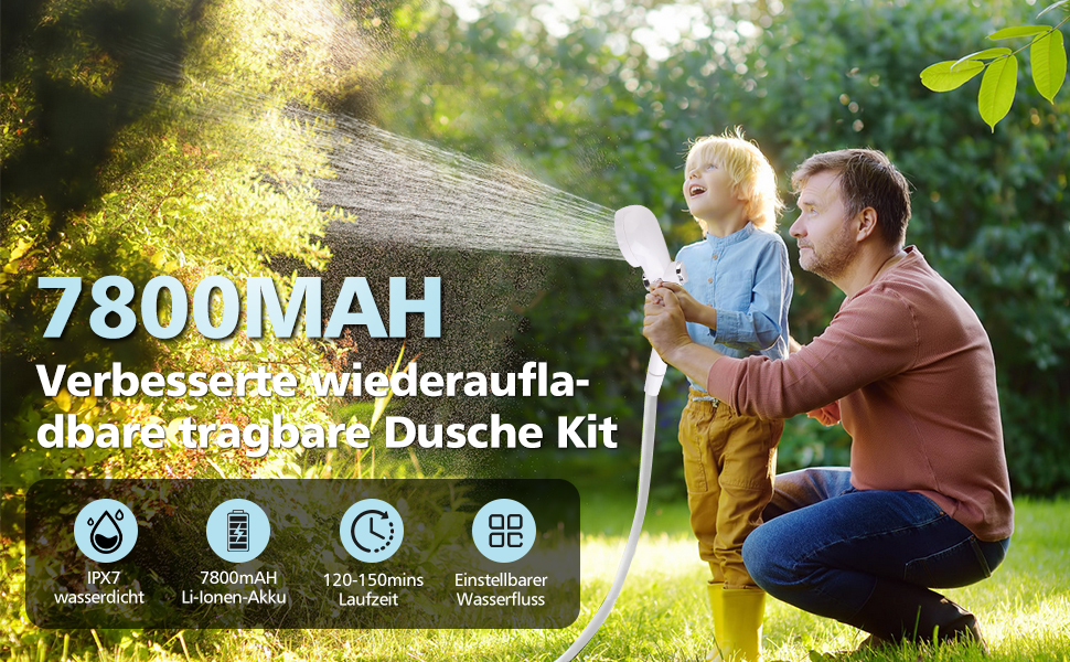 Набір для кемпінгу Campingdusche з насосом, акумулятором 7800mAh та індикатором заряду, душовий набір для кемпінгу, саду, миття авто, пляжу та тварин