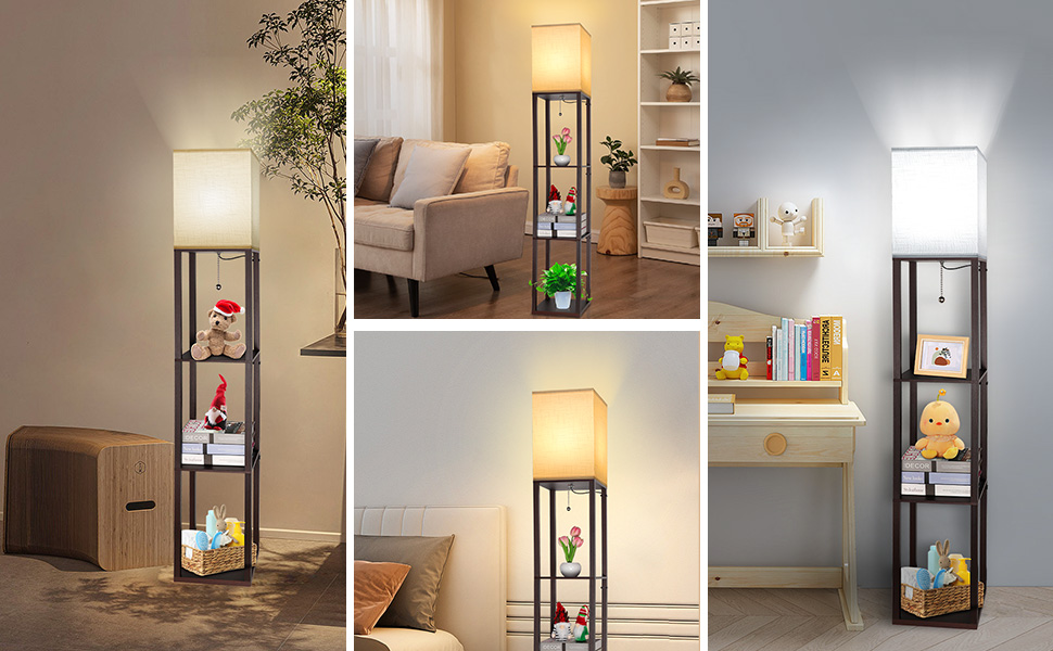 Світлодіодна торшер з дерева, 1.6м, з цоколюванням E27 (3000K-5000K), ретро торшер з 3 полицями, 3 колірні температури, настільна лампа з абажуром для спальні, кута, вітальні, офісу (коричневий)