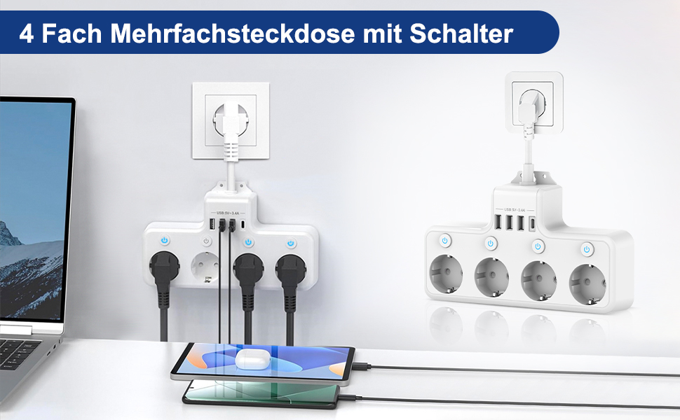 Мережевий фільтр з USB, 4 розетки з індивідуальним вимикачем, 3 USB та 1 Type-C (5V 3.4A) для кухні, вітальні, спальні, офісу