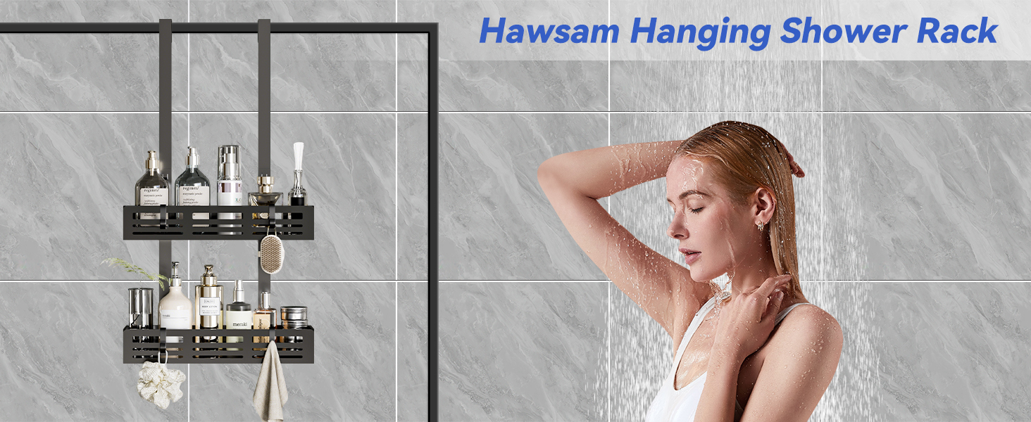 Настінна поличка для душу Hawsam з 2 кошиками та 4 гачками, без свердління, чорна