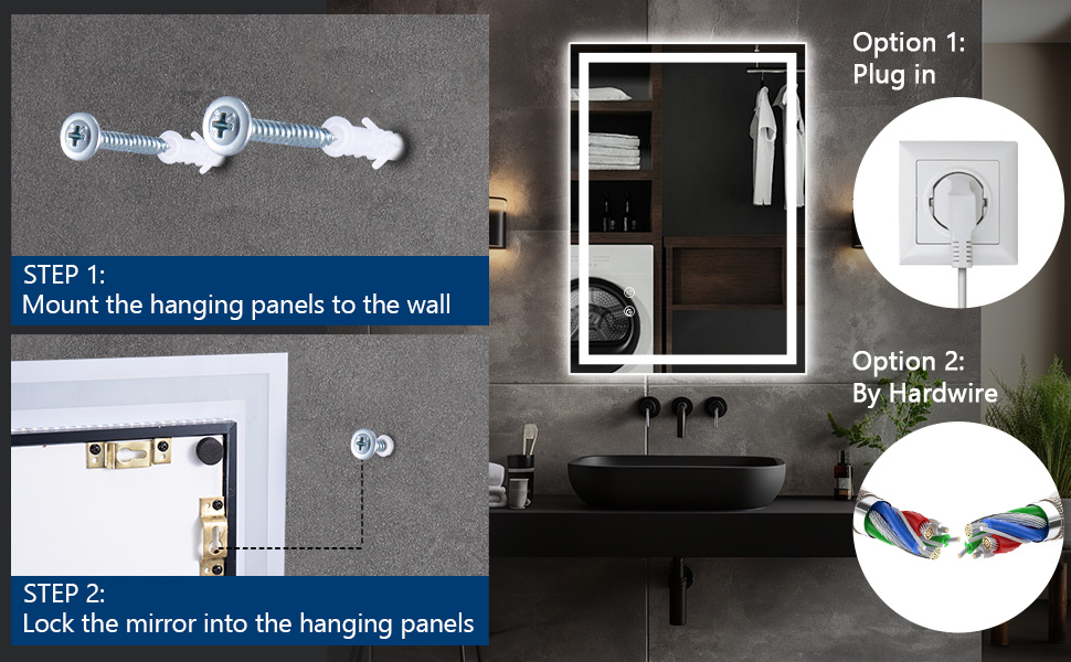 Дзеркало для ванної кімнати зі підсвічуванням 70x50 см, антизапар, сенсорне керування, 3 кольори світла, регулювання яскравості