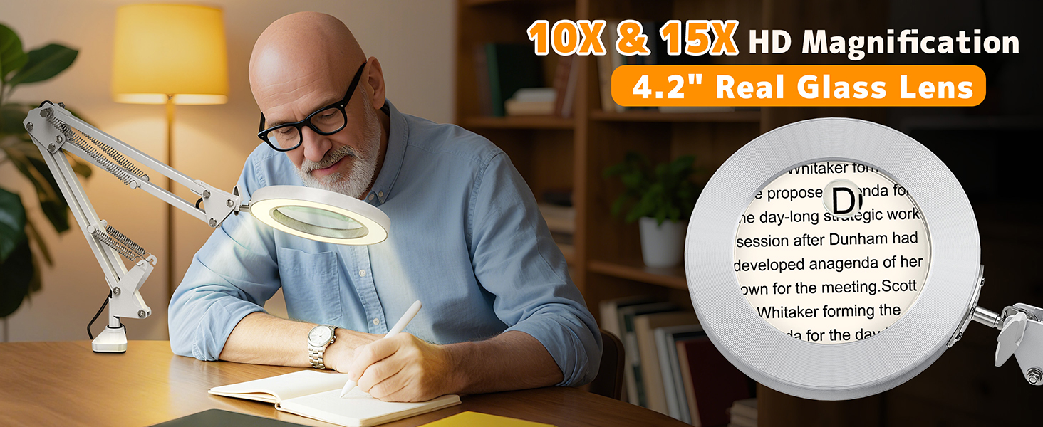 Лампа-лупа Jubor 2-в-1 зі світлом та підставкою, 15x/10x, LED, з кріпленням та основою, 3 режими, регульована яскравість, для хобі, ремонту, майстрів
