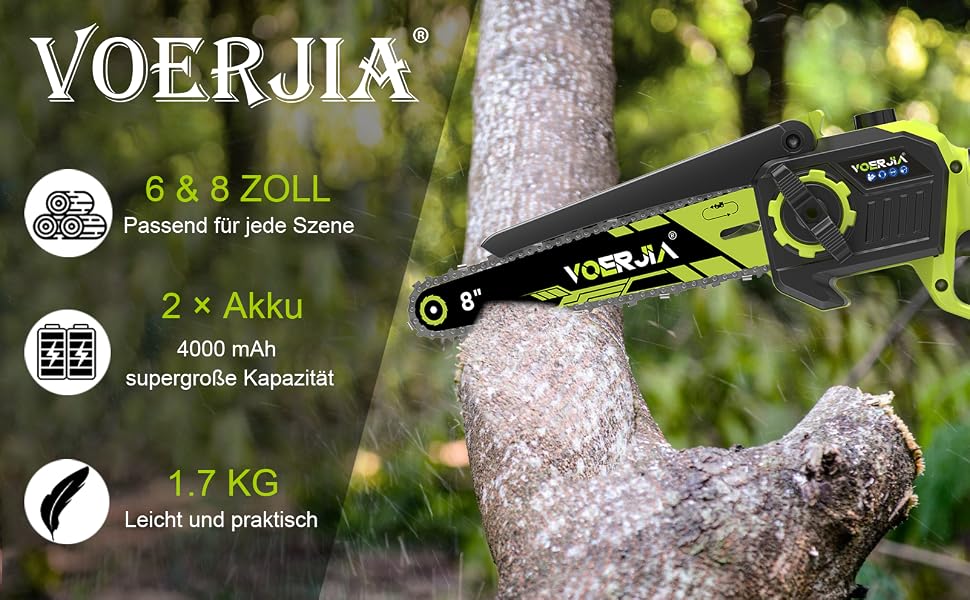 Акумуляторна міні-ланцюгопила VOERJIA 21V (6 та 8 дюймів) з безщітковим двигуном, автоматичним змащуванням та 2-ма АКБ по 4.0Ah, набір для обрізки дерев та садових робіт