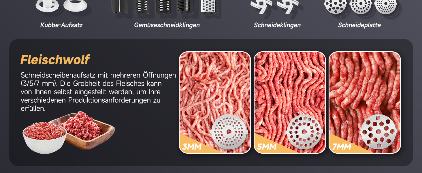 М'ясорубка електрична Hanchen 4-в-1 з насадками для ковбас та кубебе, 3 диски (3.5/5/7 мм) та овочерізка