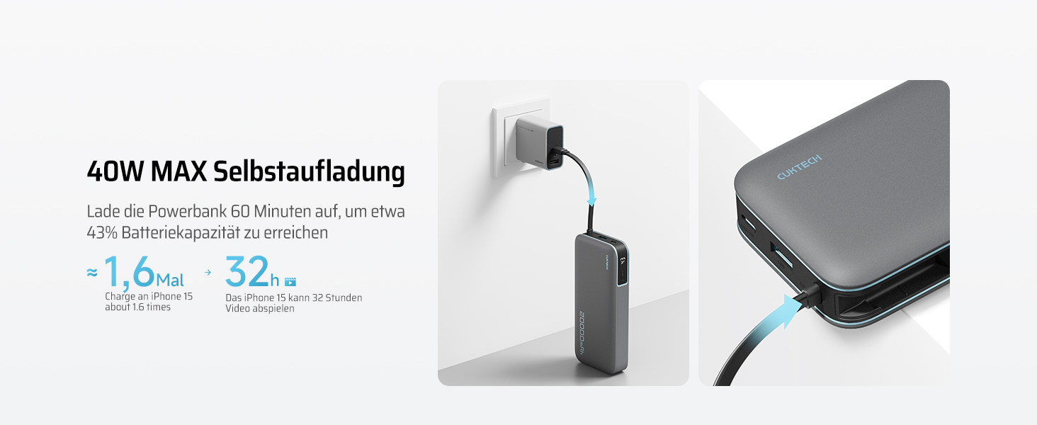 Power Bank CUKTECH 20000mAh з USB-C кабелем, 45W, Digital Display, для iPhone, MacBook, Galaxy, темно-сірий