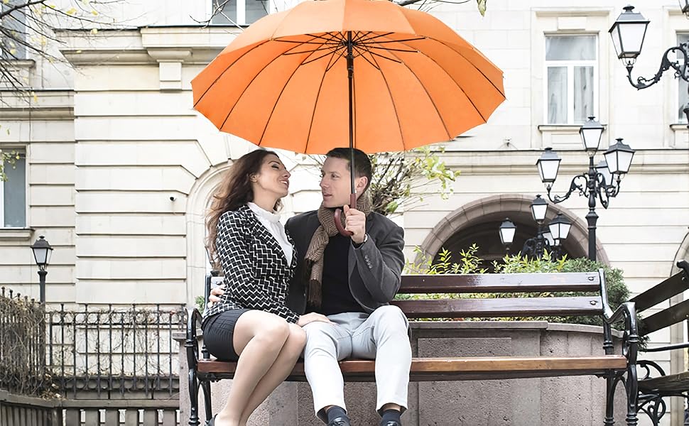 Royal Walk Automatic Travel Golf Umbrella - 54 Inch (140cm) - Windproof, Water-Resistant, 16-Rib, Large Size for 2 People, Wooden Handle, Unisex