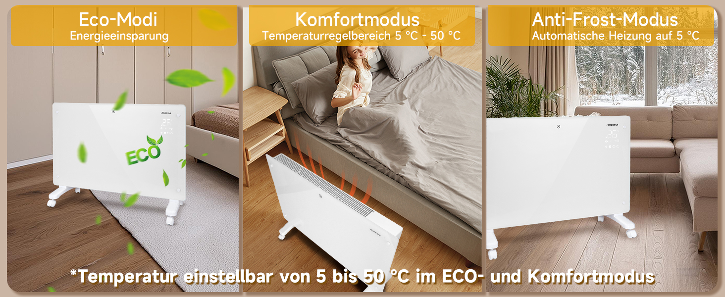 Електричний конвектор Aigostar з термостатом та Wi-Fi, 2000W, для кімнат до 30 м², чорний. Можлива установка на стіну або на підлогу.