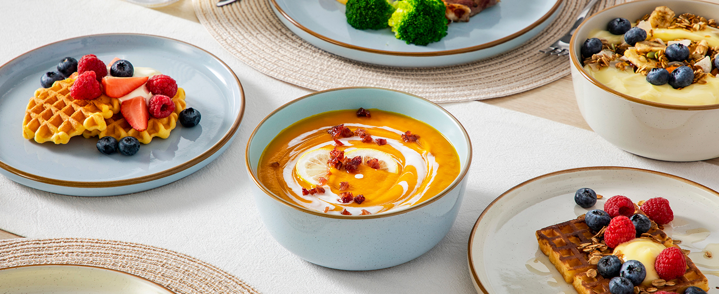 Набір посуду vancasso RENO 36 предметів: тарілки, супові тарілки, десертні тарілки, миски. Набір посуду з кераміки для 6 осіб, сучасний дизайн, безпечний для миття в посудомийній машині та розігріву в мікрохвильовій печі.