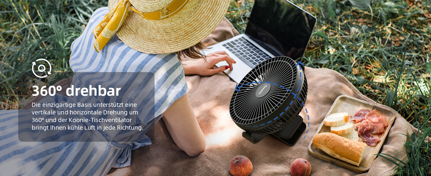 Вентилятор Koonie 10000 mAh з кліпсою, 20 см, портативний, USB, акумулятор, 4 швидкості, 360° оберт, тихий, для дому, офісу, дитячої коляски, кемпінгу, гроу-тенту, чорний