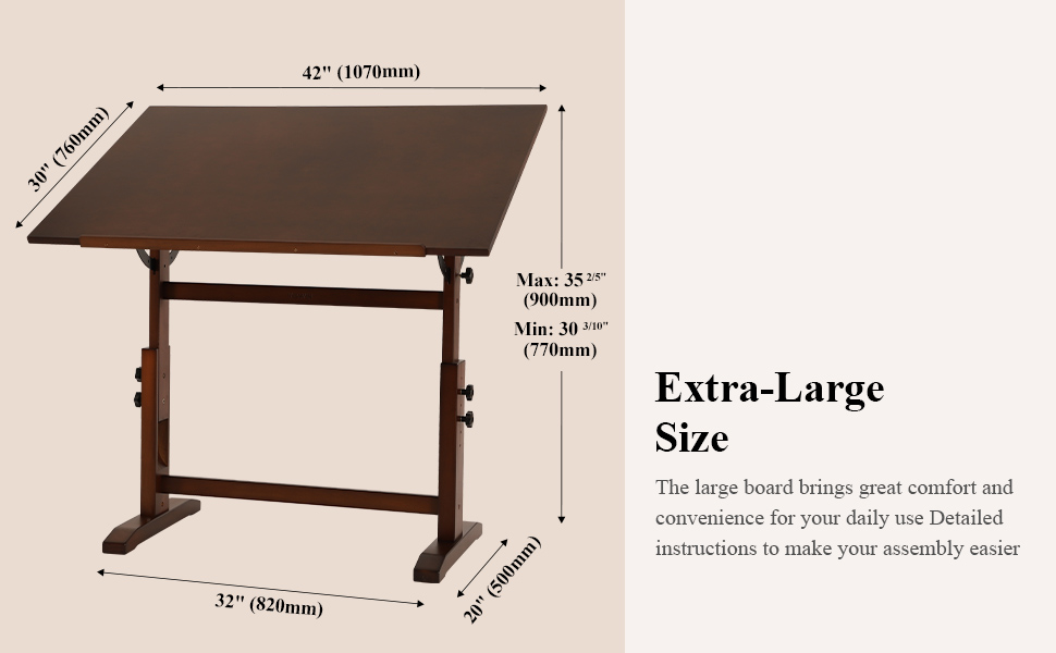 VISWIN Adjustable Art Drawing Table - Large Wooden Easel for Artists - Height & Tilt Adjustable, Solid Pine Wood, Studio Painting Table, Walnut Finish