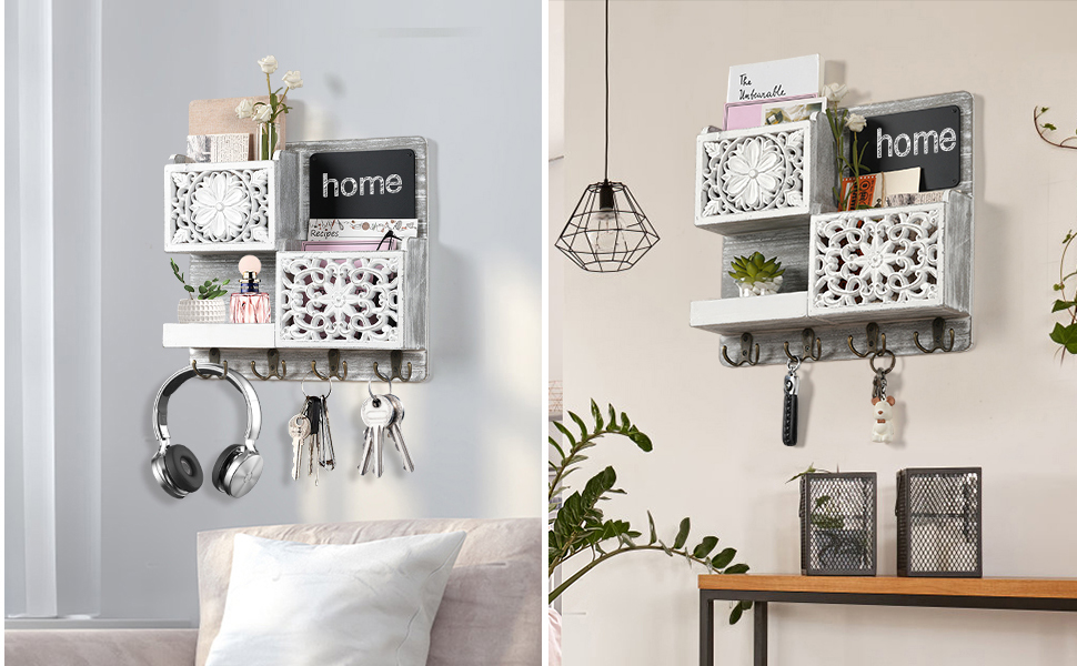 Дерев'яний ключниця з полицею на стіну, органайзер для ключів з 2 відсіками для листів, крейдяною дошкою та 8 гачками, вінтажний білий