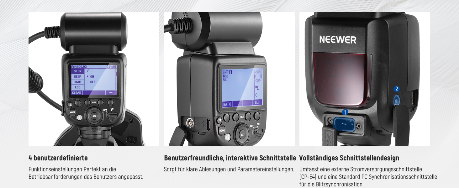 NEEWER RF1-S Макро Спалах кільцеве світло для Sony камери 76W GN15 5600K TTL, 1-1/128, передня/задня синхронізація, кольорові гелі, об'єктивні адаптери, кільця для макрофотографії та студійних фотографій (сумісний з Nikon)