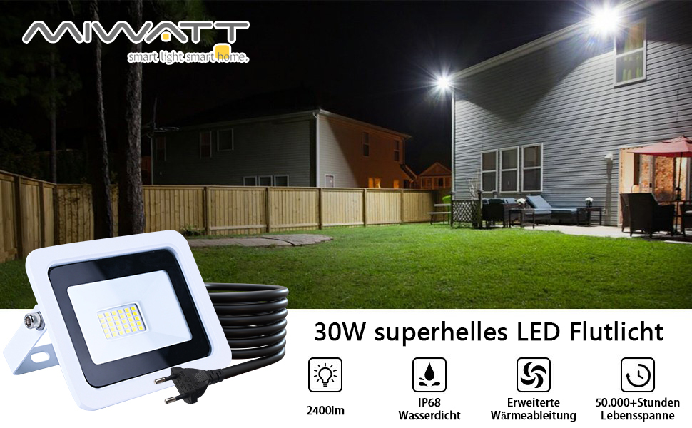 MIWATT LED прожектори для вулиці 2 шт, 50 Вт, 4000 Лм, холодне біле світло 6000K, IP68 водонепроникні, для двору, гаража, саду