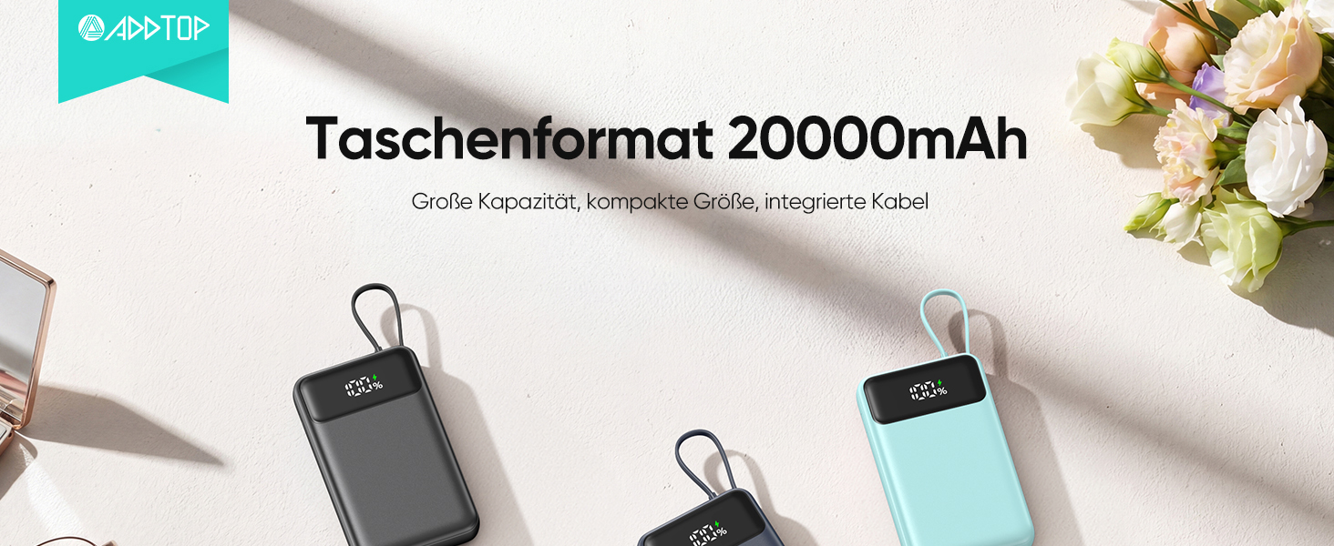 Компактний зовнішній акумулятор ADDTOP 20000mAh з 4 вбудованими кабелями, швидка зарядка 22.5W, рожевий