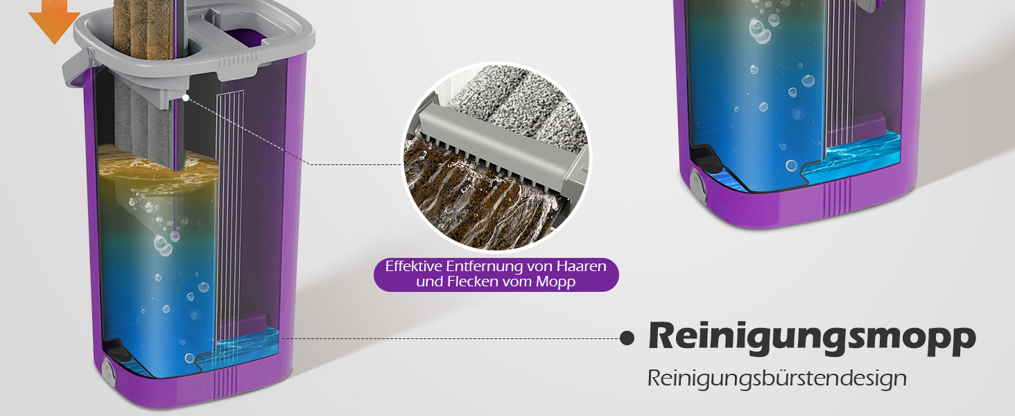 Набір для миття підлоги MASTERTOP з відром, моп з нержавіючою ручкою та 3 насадками, 2 в 1 набір відра та мопа, плоский моп з функцією віджиму для твердої підлоги, ламінату, плитки (Бежевий) (Набір для миття підлоги з відром: Фіолетовий)