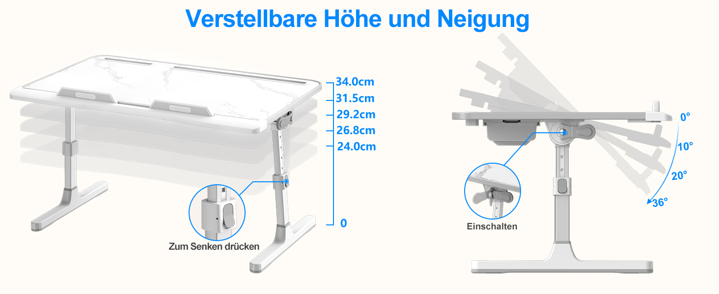 Столик для ноутбука Potuopy з регулюванням висоти та кута нахилу, X-Large, для роботи, читання та їжі на ліжку/софі, 60*40 см, білий мармур