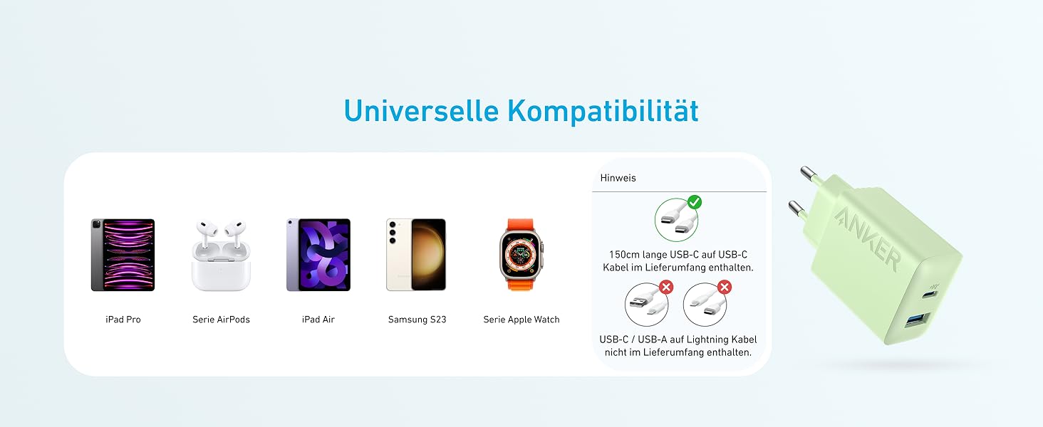 Зарядний пристрій Anker 20W USB-C, адаптер живлення для iPad, швидка зарядка, сумісний з iPhone 17/16/15, кабель USB-C (150 см), зелений