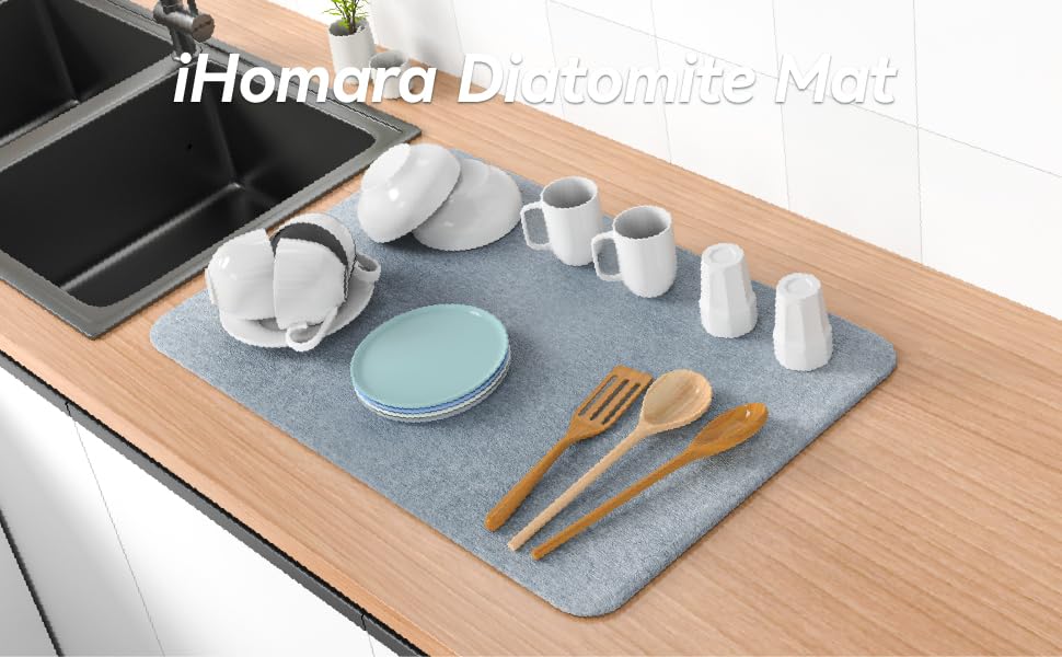 Швидкосохнучий килимок для ванної iHomara з натурального діатоміту (кізельгуру), протиковзкий абсорбуючий мат для душу та кухні, 60 x 39 см