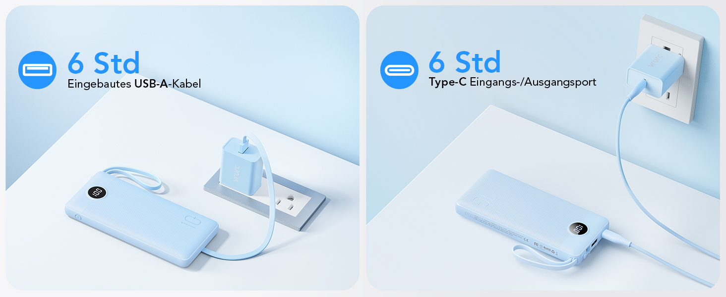 Power Bank VRURC 10000mAh з 4 кабелями: портативний акумулятор USB-C для iPhone, Huawei, Samsung та Android (синій)