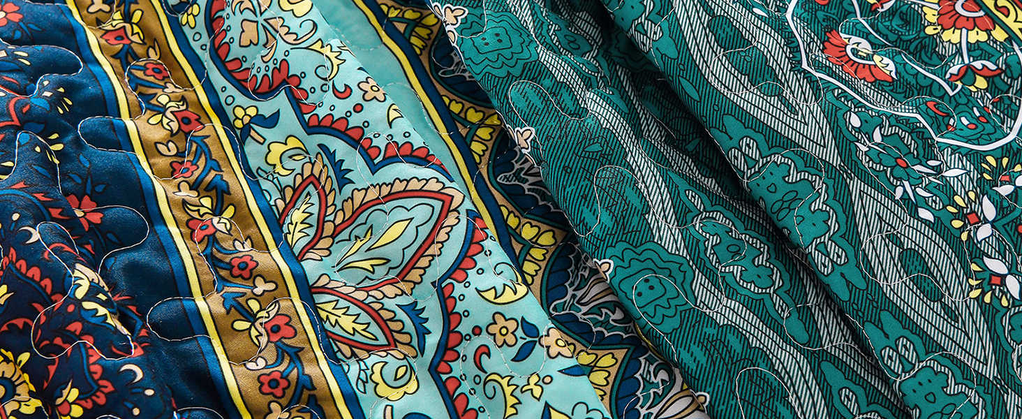 Покривало WONGS BEDDING Boho 220x240 см, стьобане, мікрофібра, комплект 3 в 1 (2 наволочки 50x70), для двоспального ліжка та дивана, бежево-зелене, для спальні