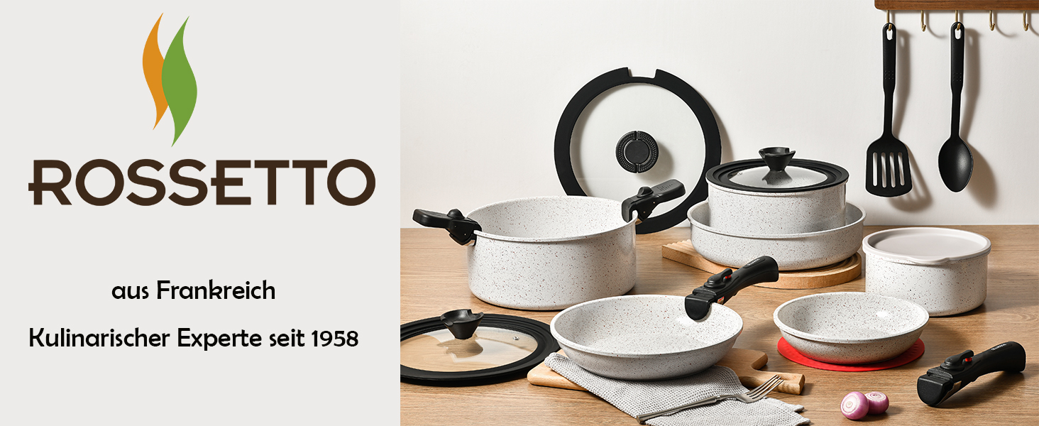 Набір посуду ROSSETTO 23 предмета з знімними ручками та керамічним антипригарним покриттям, складається для зберігання. Включає: каструлі, сковорідки, сотейники, казани. Без PFOA та PFOS.